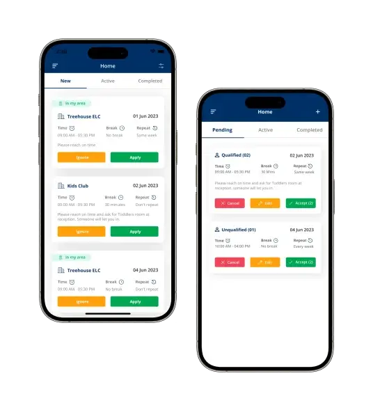 The Aroha Connect app showing available shifts to apply for, and an employer's pending bookings awaiting approval.