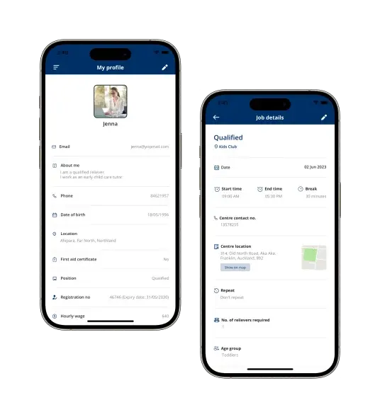 The Aroha Connect app showing a worker's profile and compliance documents alongside a booking confirmation.