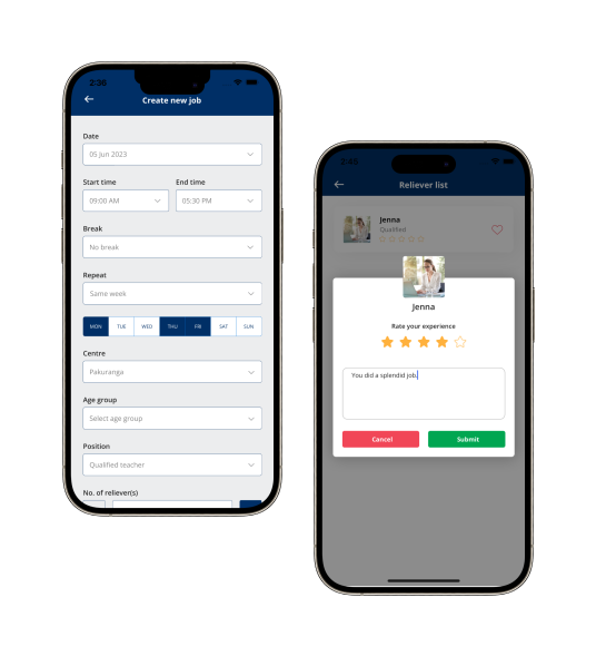 The Aroha Connect app showing the create-a-job form and a reliever list with a rating being submitted.